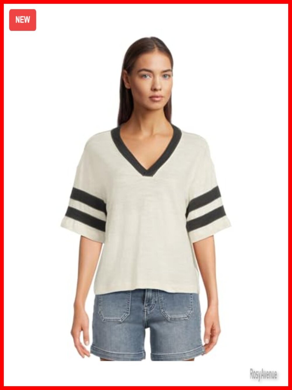 Sunwashed Slub Varsity Tee V-Neck Short Sleeve Classic Fit Striped Women's